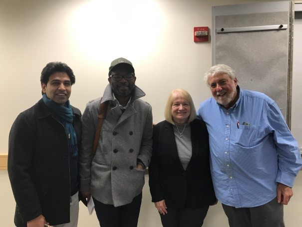 (Left to right) Professor Gaurav Pathania, Xolela Mangcu, Department Chair Hilary Silver and Presenter Mark Rudd.