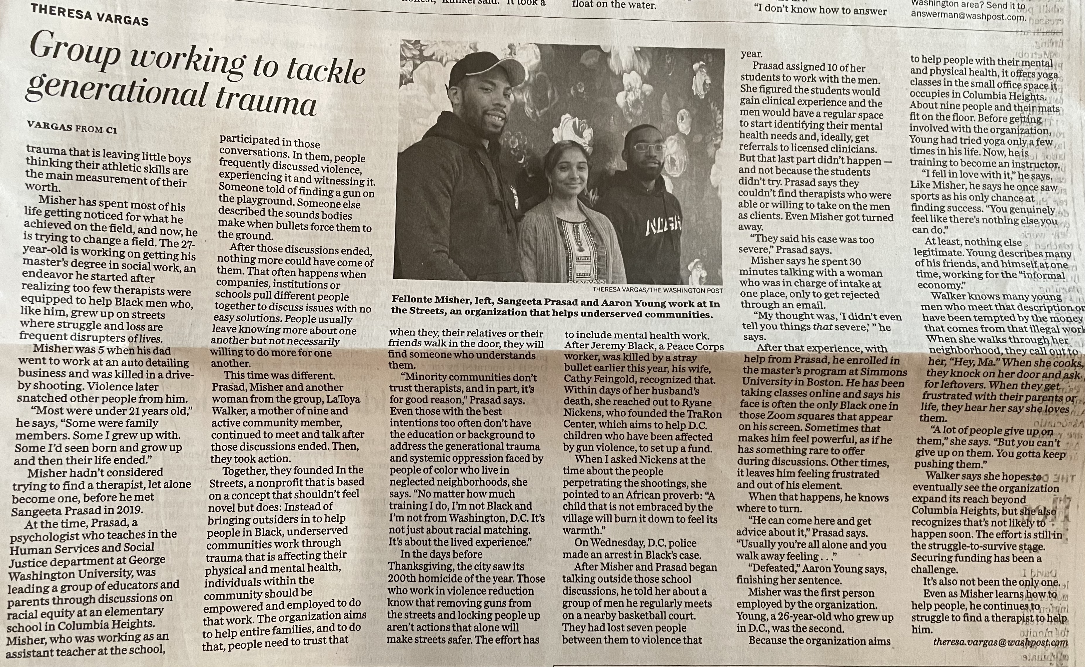The Washington Post Article with an image of Fellonte Misher, Sangeeta Prasad, and Aaron Young